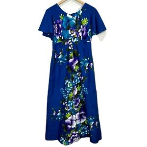 Vintage Hukilau Fashions Hawaiian Floral‎ Blue Maxi Dress Women’s Sz 10